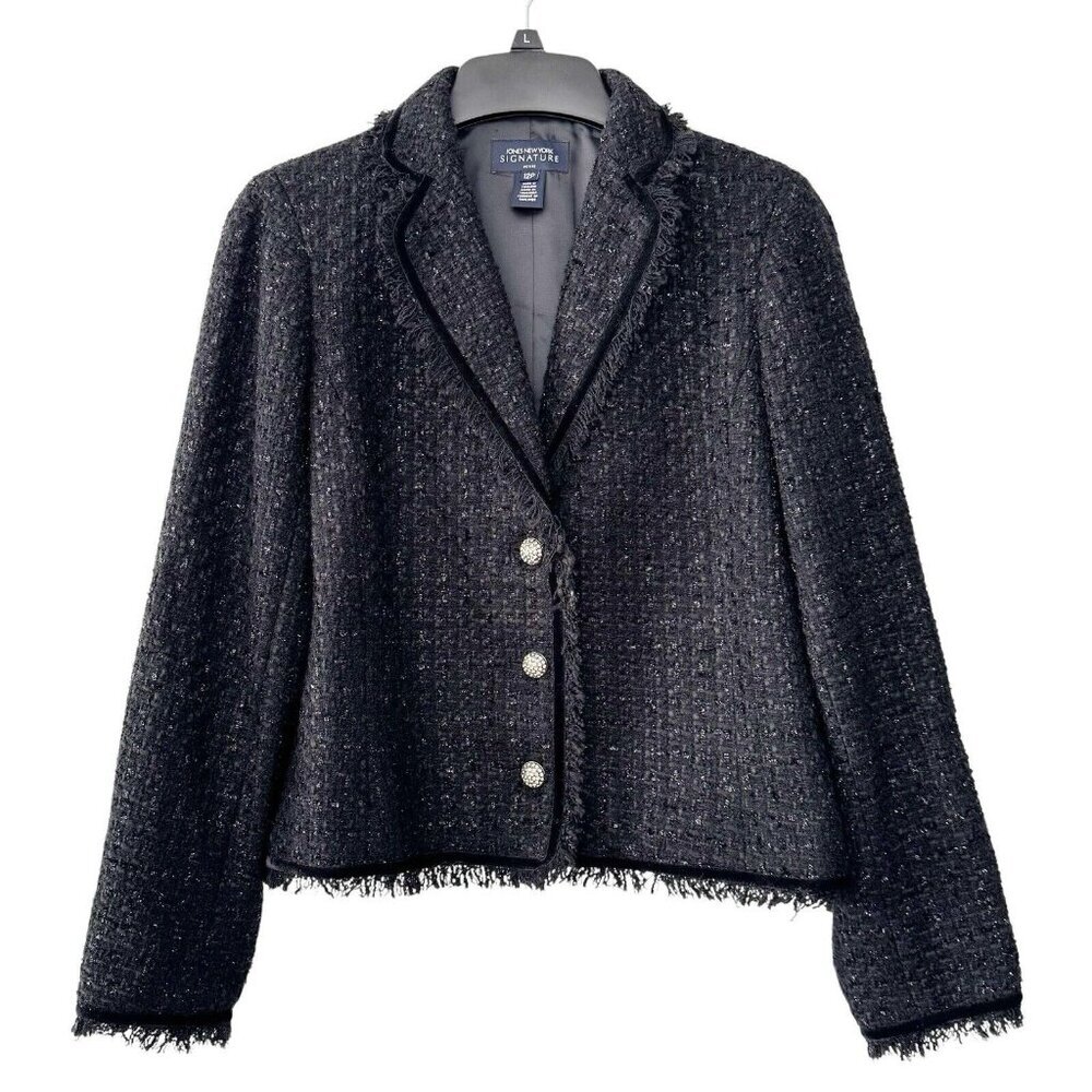 Jones New York‎ Signature Petite Black Dixie Tweed Blazer Metallic Preppy Jacket